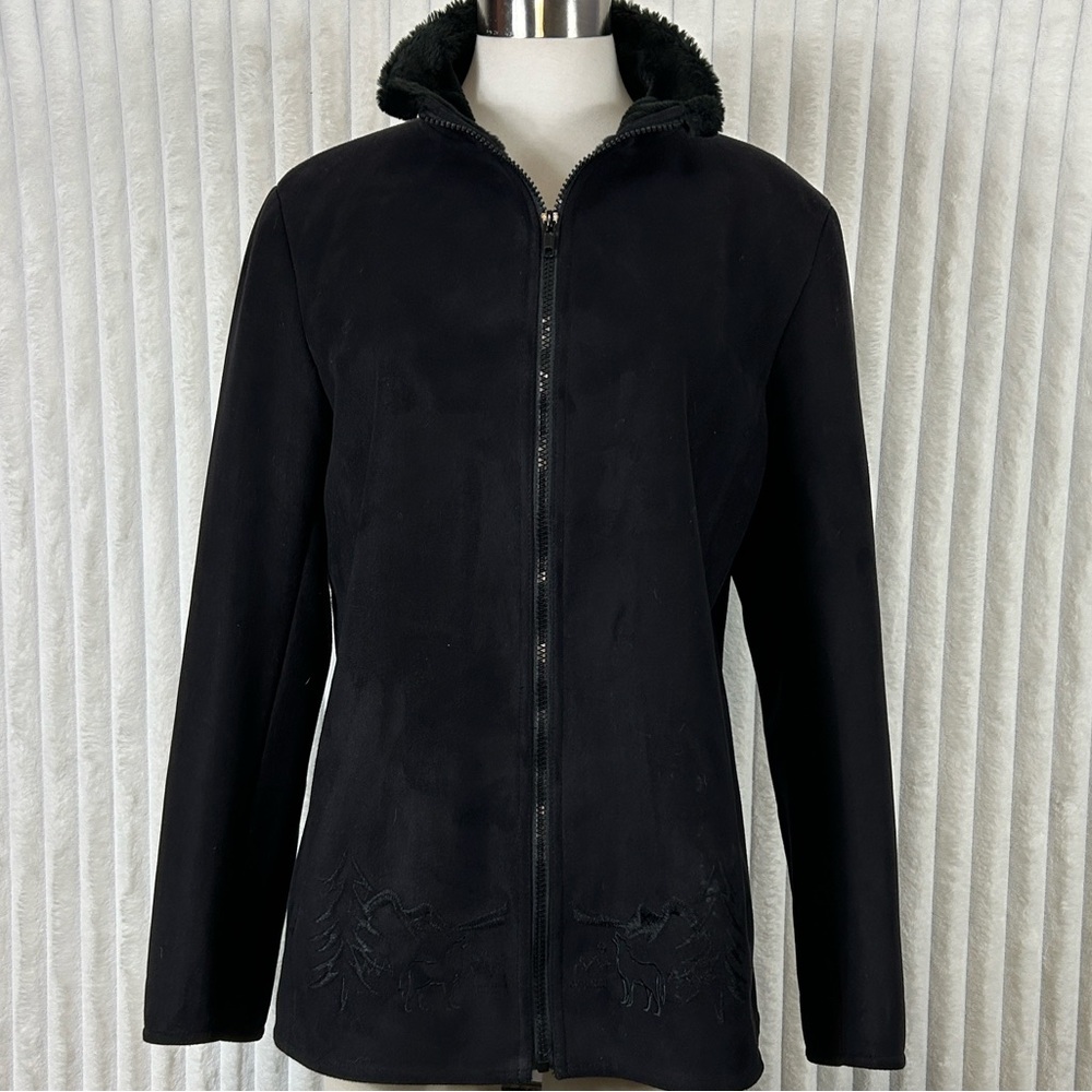 Northern Lifestyles Canada Wolf Embroider black faux suede fur lined jacket L